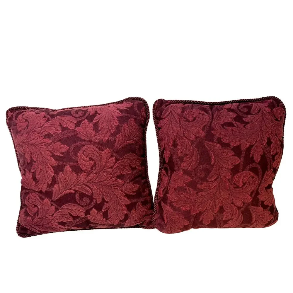 Pair Burgundy Damask Floral Throw Pillows 14x14 Cord Trim Traditional Decor